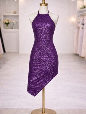 TOCCIN x RTR Purple Sequin Asymmetrical Halter Dress Sz 6 Cocktail Pre-Loved